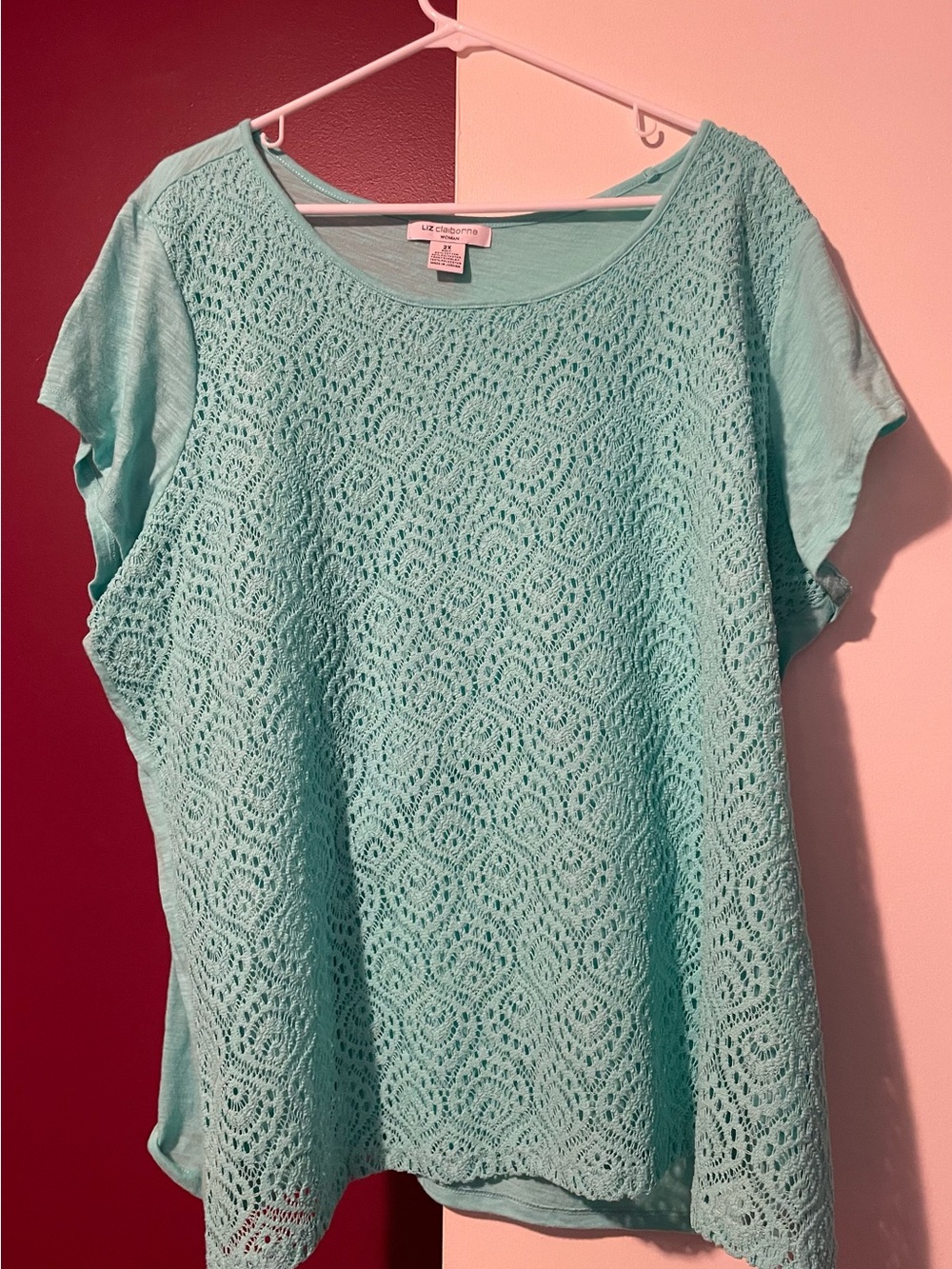 Liz Claiborne Mint Crochet Front Short Sleeve Top